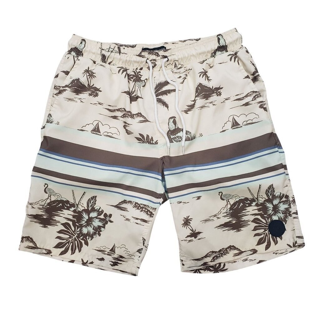 Surf Mentality Mens XL Swim Trunks Shorts Lined Drawstring Tropical Beige Brown